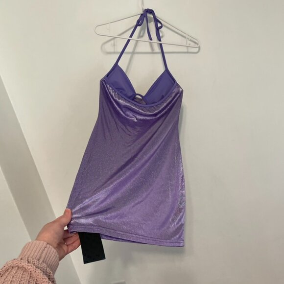 NEW NWT SHEIN SXY Backless Ruched Halter Bodycon Dress Purple Silver Iridescent - Picture 16 of 16